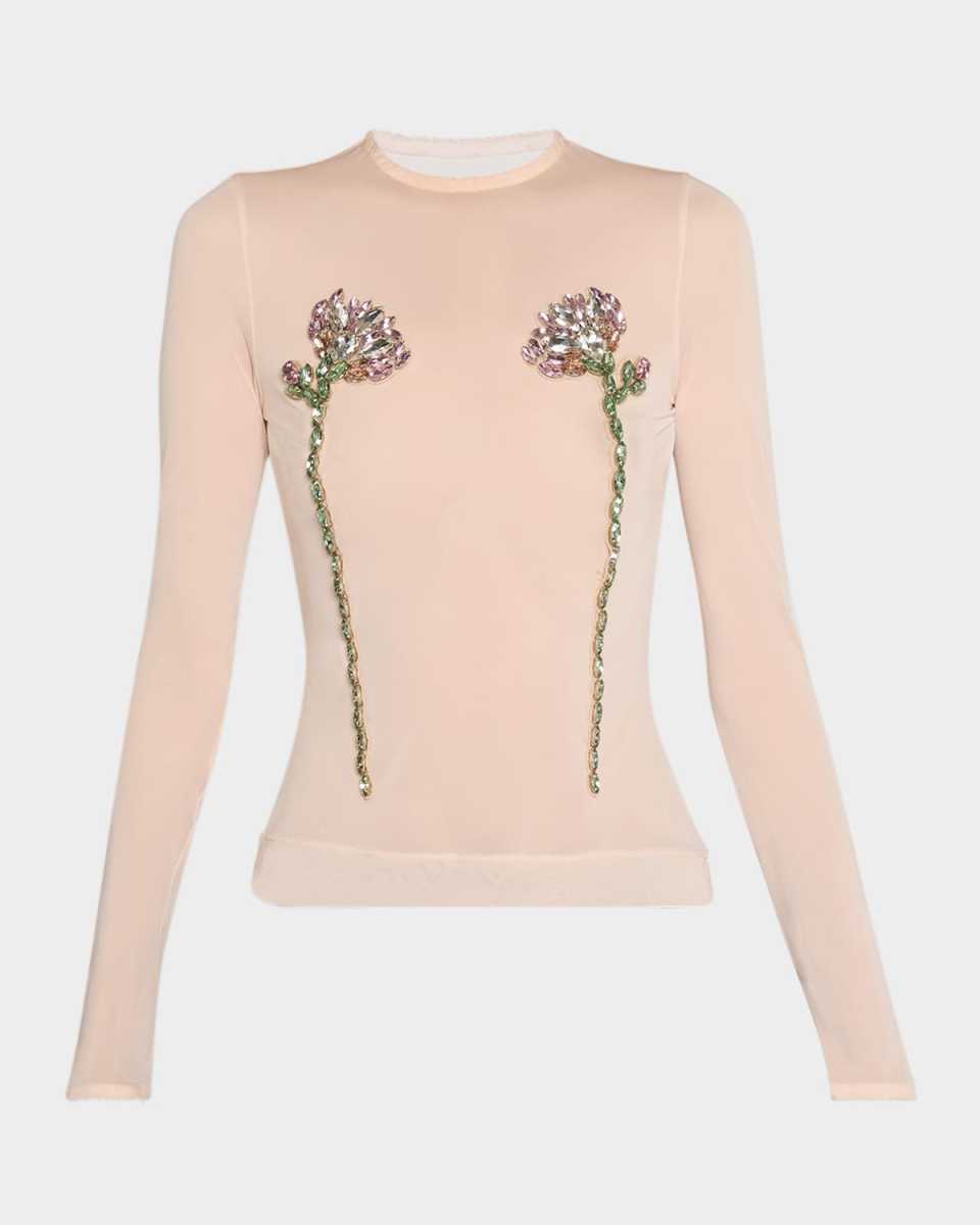 Sheer Fitted Ballet Mesh Crystal Flowers Top